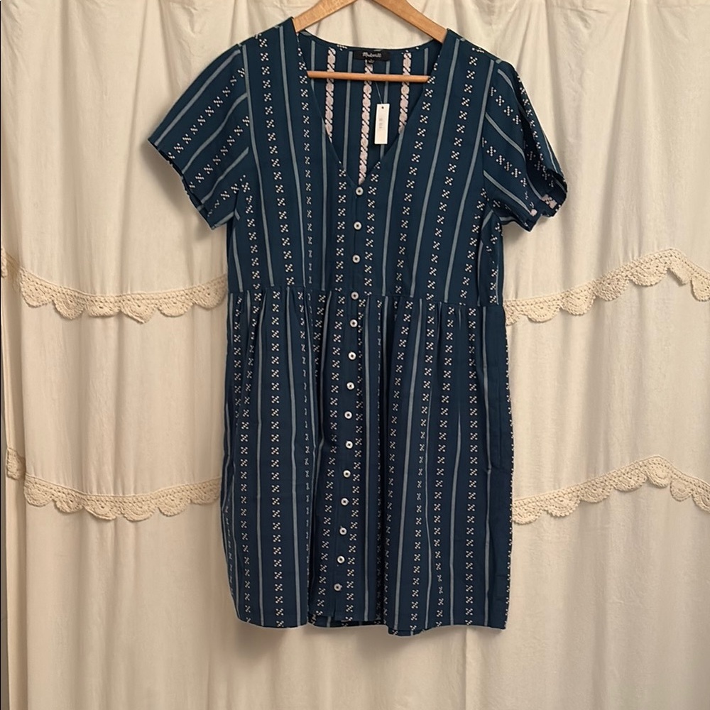 Madewell Blue and White Buttoned V-Neck Sundress